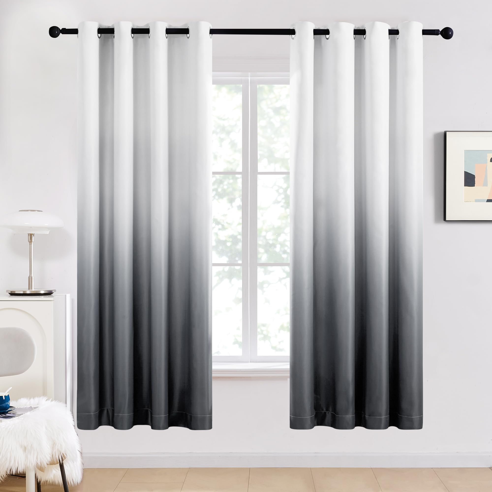 Deconovo Grey Curtains for Bedroom Thermal Insulated Top Ring Blackout Curtains Noise reducing Eyelet Curtains for Living Room 46 x 72 Inch Light Grey and White 1 Pair