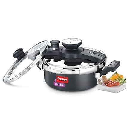 Prestige Clip On Aluminium Pressure Cooker with Glass Lid, 3 Litres, 2-Pieces, Charcoal Black