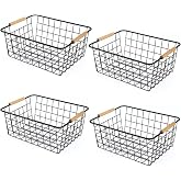 Wire Basket 4 Pcs Metal Wire Storage Basket with Wooden Handles for Pantry | Wire Baskets for Pantry Organization and Storage