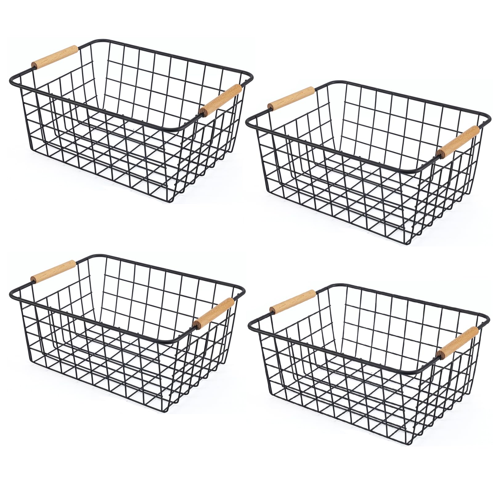 Photo 1 of Wire Basket 4 Pcs Wire Storage Baskets Wire Baskets Organizing with Wooden Handles Wire Basket Pantry Organization and Storage Metal Wire Food Storage Basket for Kitchen, Cabinets (Black 4PCS)