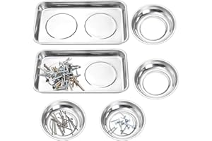 Okllen 6 Pcs Magnetic Parts Tray Set, Stainless Steel Heavy Duty 9.5"W x 5.5''L Square and 4 1/4" Round Extra Strong Magnetic
