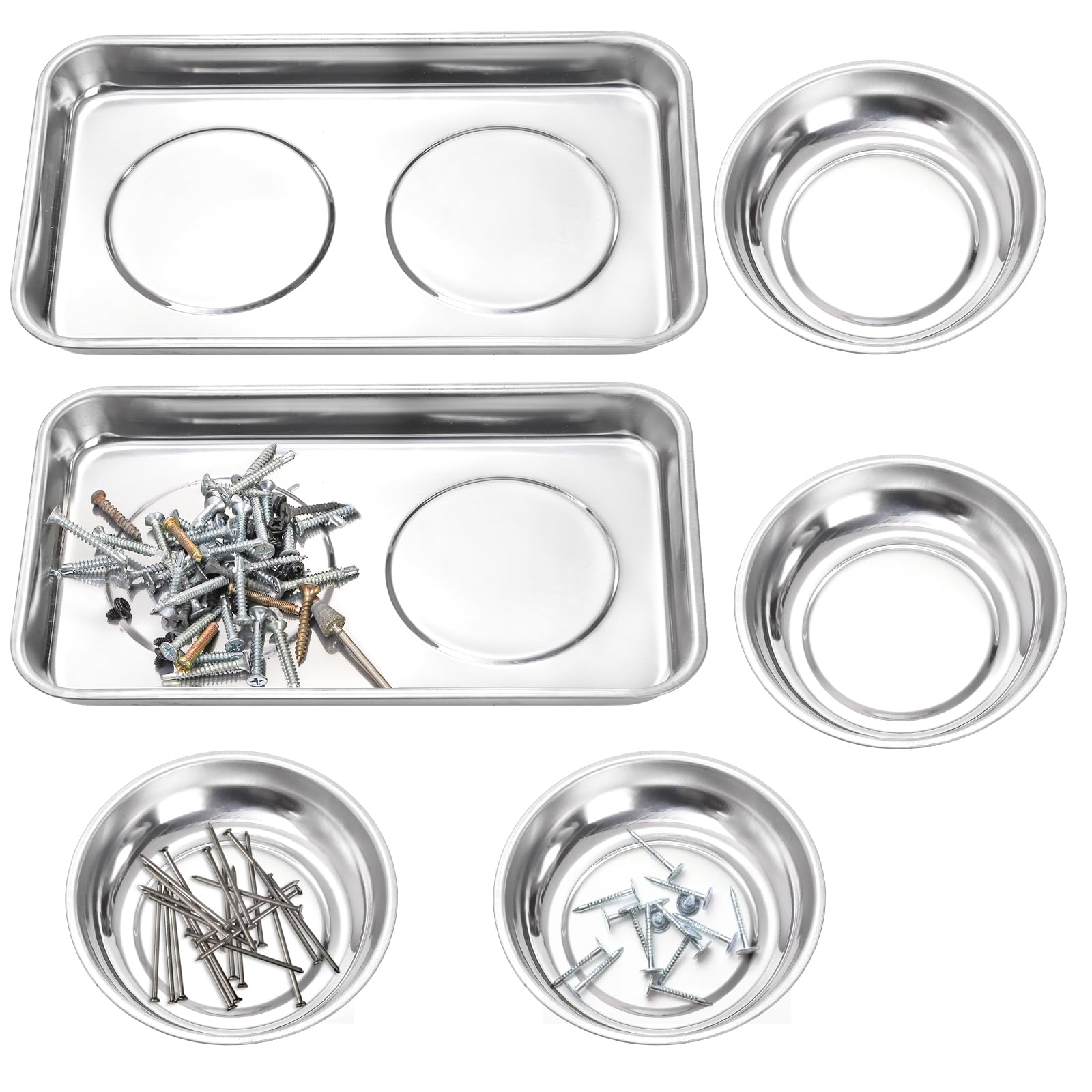 Photo 1 of Okllen 6 Pcs Magnetic Parts Tray Set, Stainless Steel Heavy Duty 9.5"W x 5.5''L Square and 4 1/4" Round Extra Strong Magnetic Tool Trays Holder for Socket Screw Nuts Bolts Metal Parts