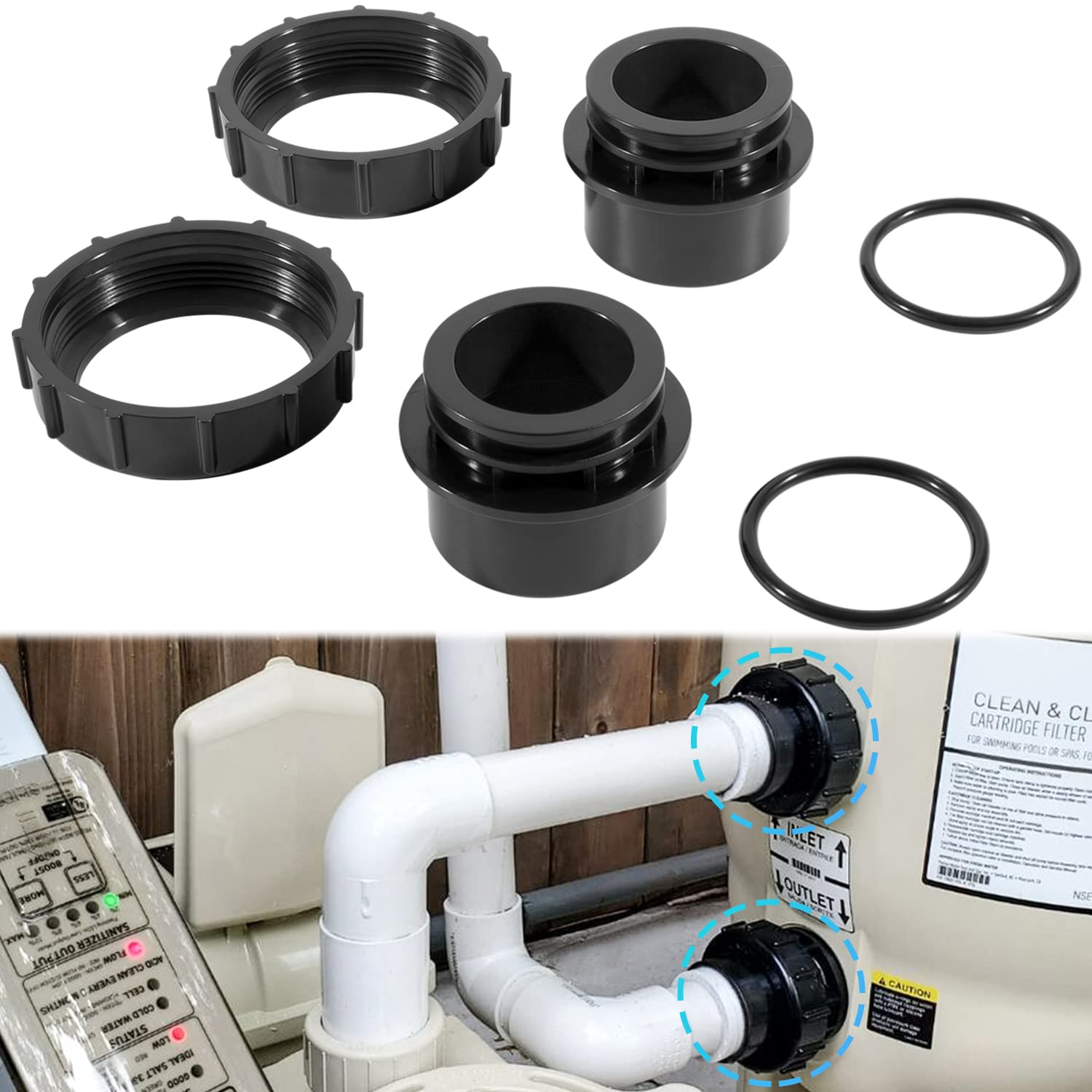 thumbnail image 2 of Pool Filter Valve Adaptor Kit | Replacement For Pentair Quad DE & FNS Plus Filters | Union Nuts With O-Rings Set 2 of 14