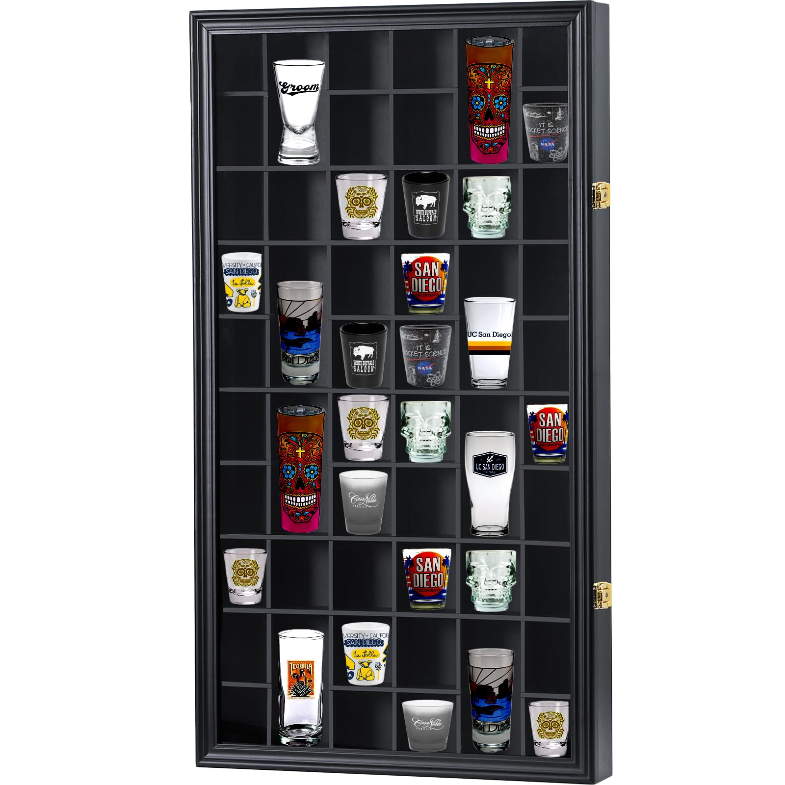 Photo 1 of Furnishh 52 Slots Shot Glass Display Case with Lockable Door, Solid Wood Cabinet Collection Holder Wall Mounted Shot Glass Display Storage Box with Removable Shelves, 17"x32", Black