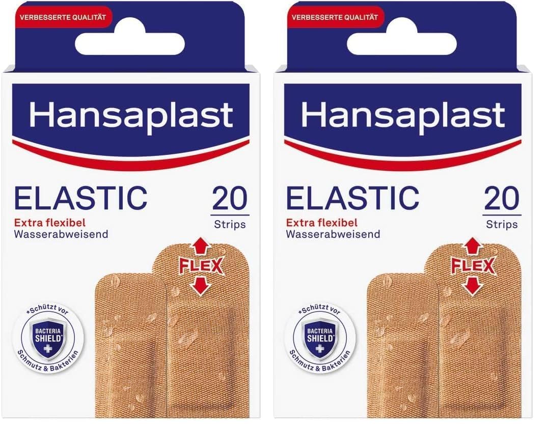 Hansaplast Elastic Pflaster (20 Strips), Wundpflaster für Gelenke und viel bewegte Körperstellen, flexibles Verbandsmaterial mit extra starker Klebkraft (Packung mit 2)