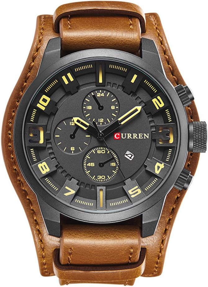 JoeyanMen Retro Wide Cuff Calendar Watch Decorative Black Sub-Dial Chronograph Watch Brown Leather Strap Wrist Watch Gift