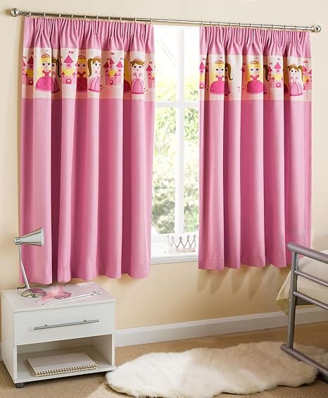 Princess Pink Childrens Kids Nursery Tape Top Curtains Thermal