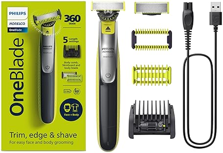Tools & Accessories - Philips Norelco for Face + Body, Electric Beard Trimmer, Shaver and Groomer, 5in1 Adjustable Comb, 1x Body Kit, Model QP2834/70, Black/Lime Green