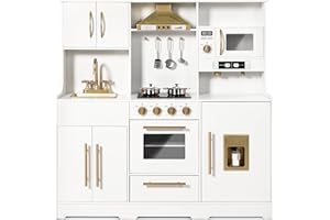 Kinder King Wooden Kids Play Kitchen, Toy Kitchen Playset for Toddler, Play Kitchen Set w/Real Sounds, Pretend Coffee Machine, Kitchen Hood, Sink, Ice Maker, Gift for Boys Girls Age 3+, White