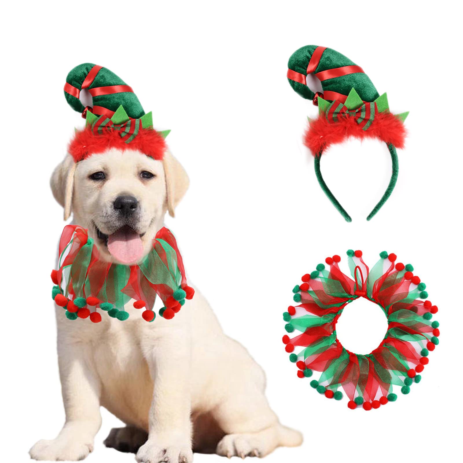 AWOCAN 2PCS Dog Cat Christmas Costume Christmas Collar and Elf Headband Christmas Red and Green Collar Costume for Puppy Kitty Christmas Pet party Dress Xmas Set Clothes (A)