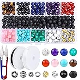 400Pcs Lava Beads Natural Stone Healing Bead Kit, 8mm Black Chakra Beads Spacers Round Crystal Bead for Bracelets Necklace Jewelry DIY Making Kit Supplies