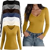 Sweetyweee 7 Pack Women's V Neck T Shirts Long Sleeve Tee Shirts Slim Casual Multi Pack Fitted Fall Going Out Basic Tops