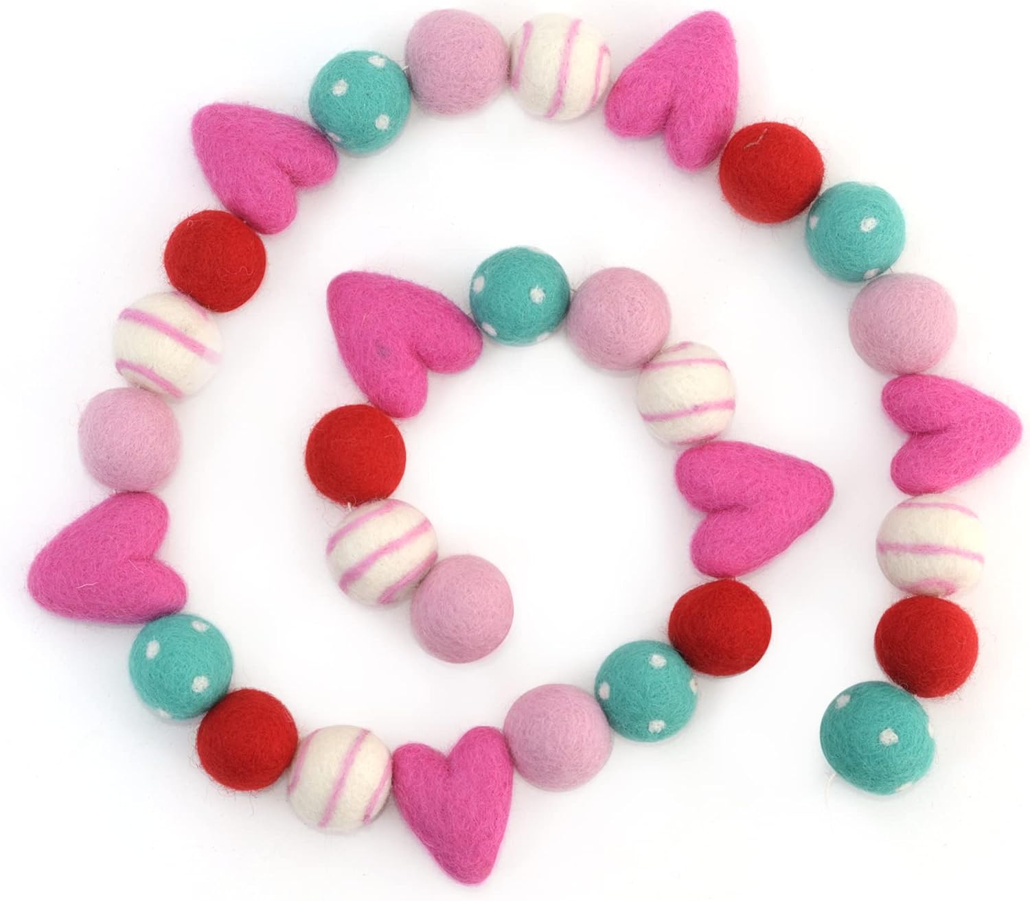 Wreaths, Garlands & Swags - Glaciart One Valentine Felt Ball Garland with Red Hearts - Handmade in Nepal Using New Zealand Wool - Reusable, Durable, Stylish & Versatile - Easy to Hang & Maintain – 8ft, 7 Hearts, 24 Balls