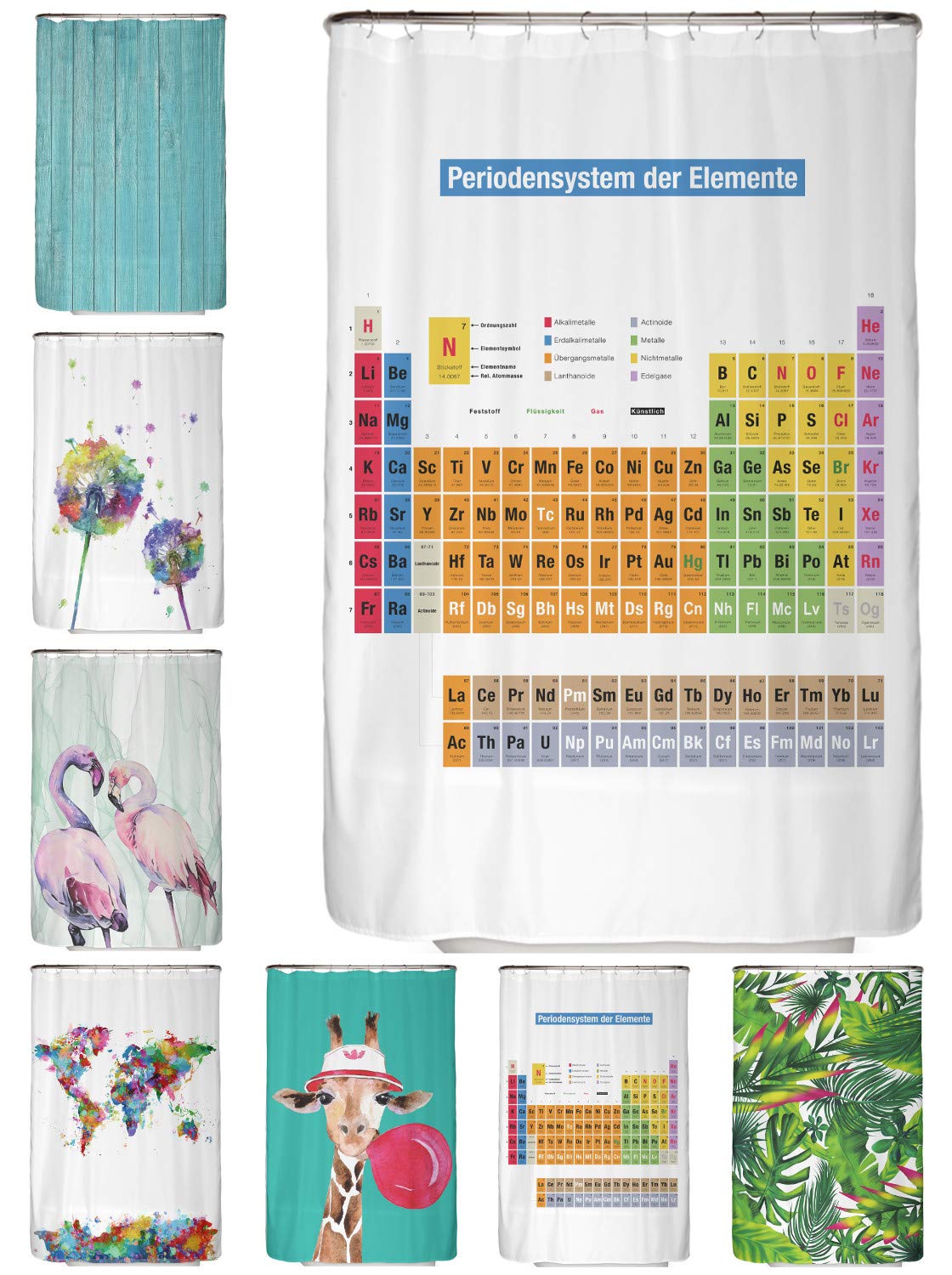 arteneur® - Periodic Table German - Anti-Mould Shower Curtain 120 x 180 cm with Oeko-Tex Standard 100 - Weighted Hem, Opaque, Waterproof, Washable, 8 Rings & E-Book (English language not guaranteed)