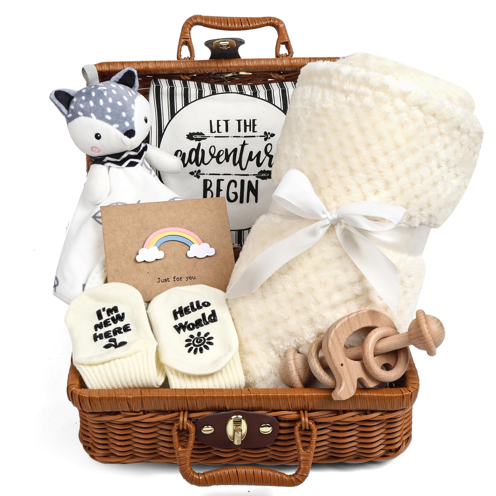 Baby Shower Gifts, New Baby Boy Gift, Baby Hampers Gift Basket Unisex, 7 in 1 Newborn Baby Gifts- A Baby Blanket, Lovey Security Blanket, Bib, Wooden Rattle Toy, Socks, Baby Boy Gifts