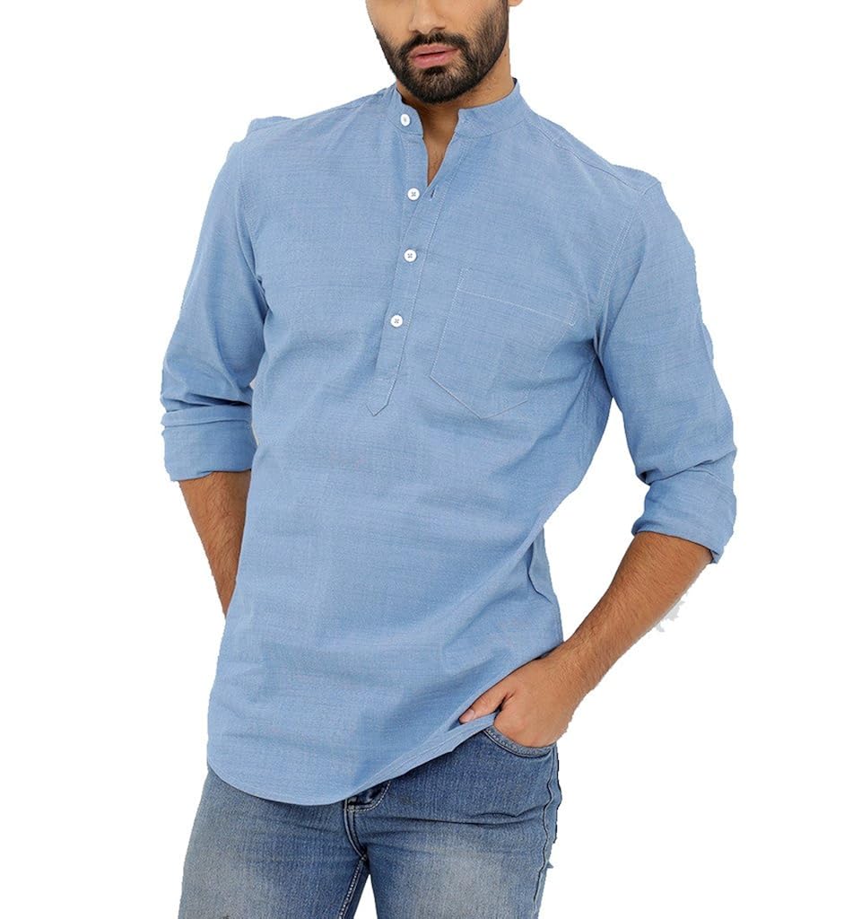 nick&jess mens blue lycra three button kurta cotton shirt