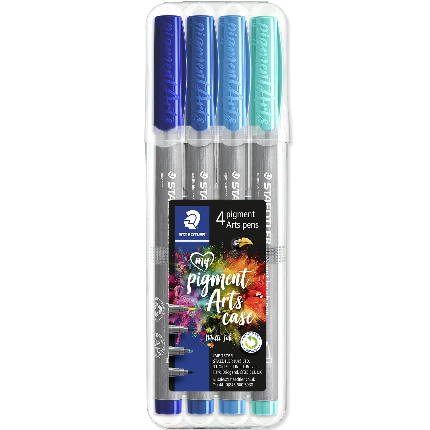 STAEDTLER 371 Pigment Brush Pens | Pigment Arts | Adult Colouring Fibre-Tip Colouring Pen | Medium-Firm Nylon Brush Tip Nib (Blue Wallet of 4)