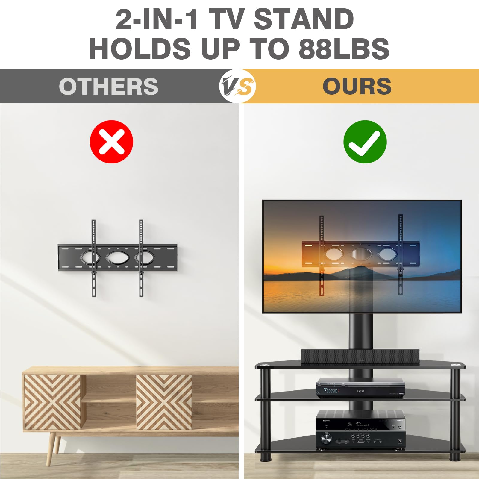 TAVR Furniture Swivel Floor TV Stand with Table for 32-70 Inch TVs, Universal Height Adjustable TV Floor Stand with Large Storage Shelves, Strong Corner TV Stand Mount Holds up to 88lbs, Black
