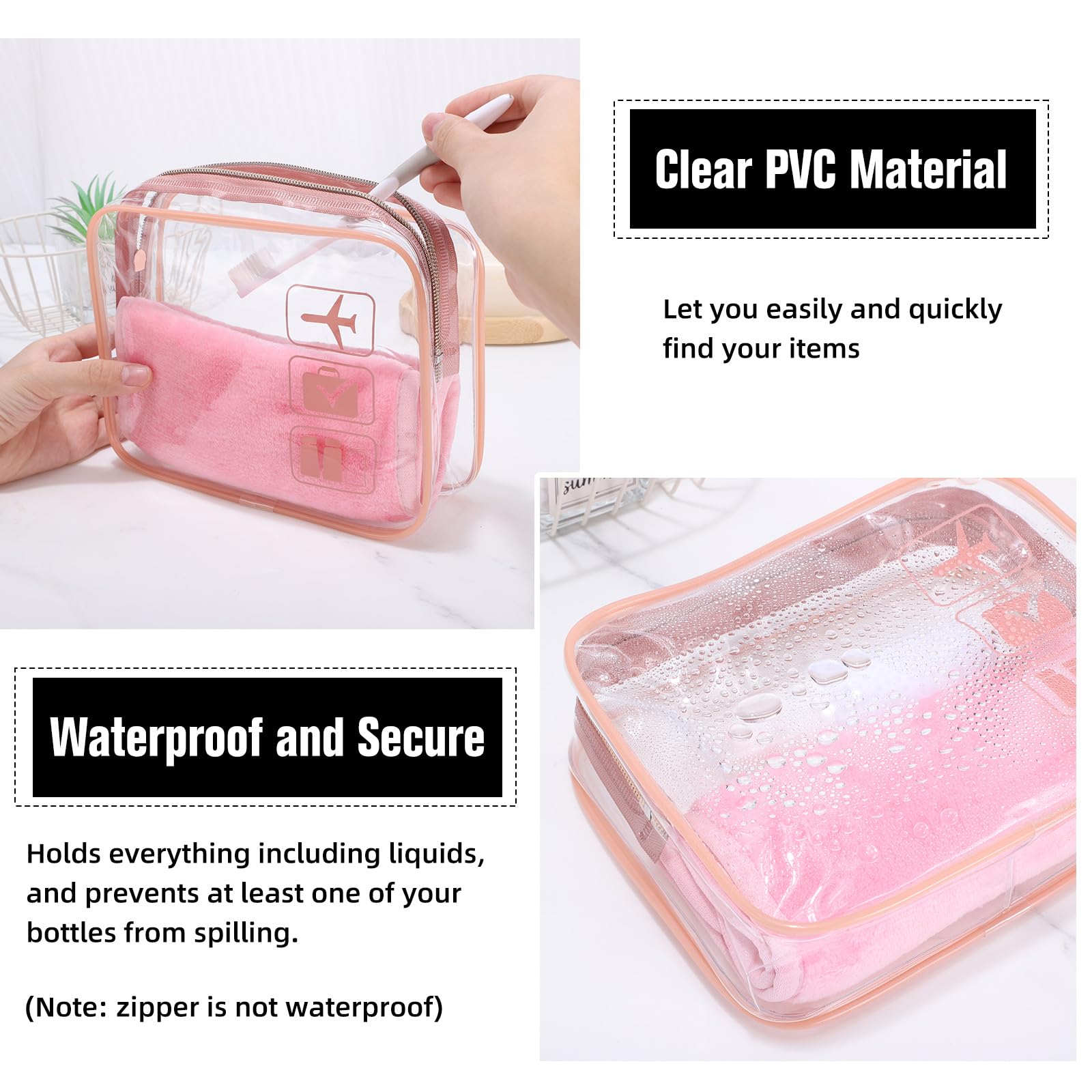 2 Pack TSA Approved Liquids Bags Pink Travel Toiletry Bag Waterproof Carry-on Toiletries Bag with Zipper Quart Size Clear Makeup Bag Cosmetic Bag Valentine