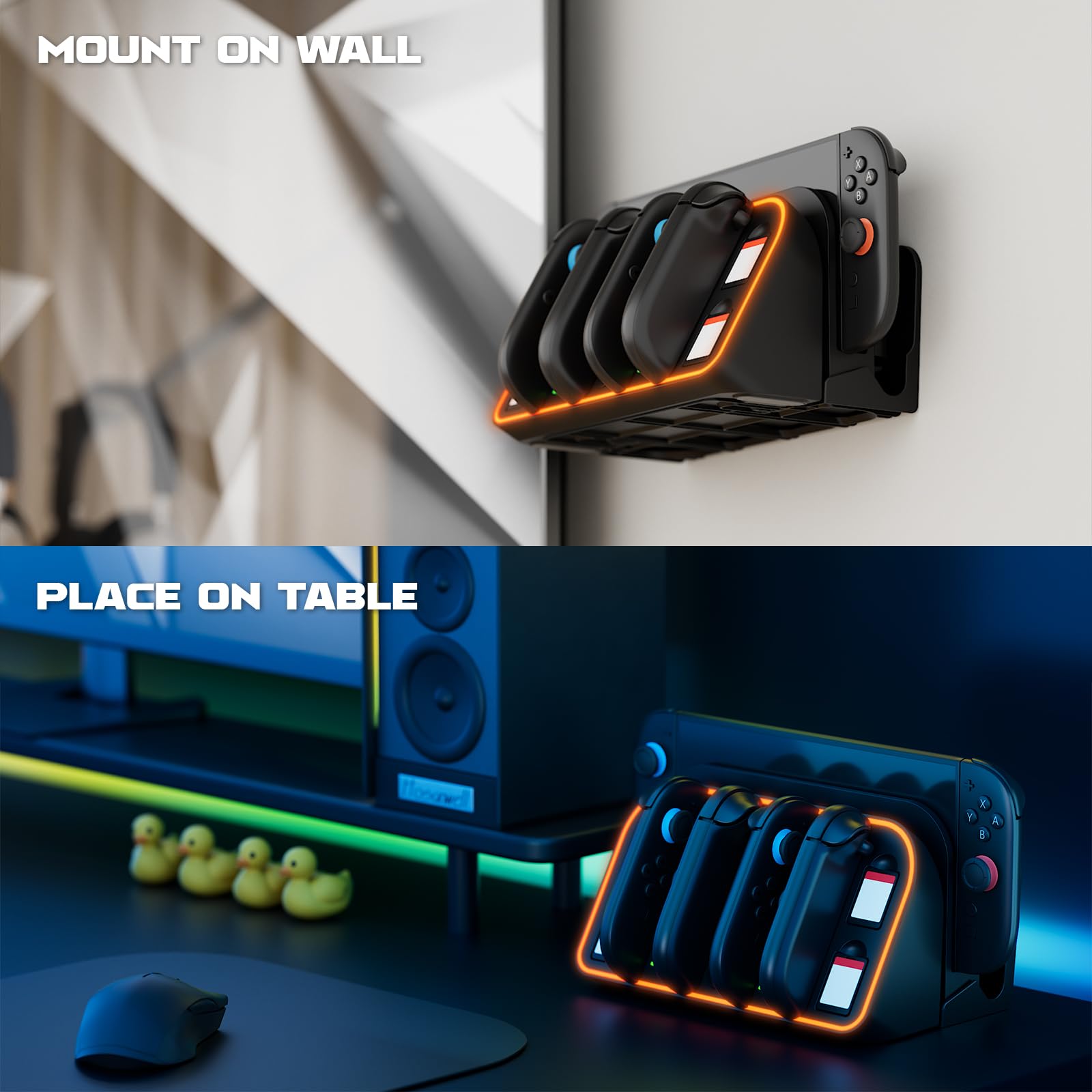 Hosanwell Switch 2 Wall Mount, RGB Light Wall Mount for Switch 2, 4 Joy-Cons Charging, 4 Game Slots,Black [nintendo_switch_2]