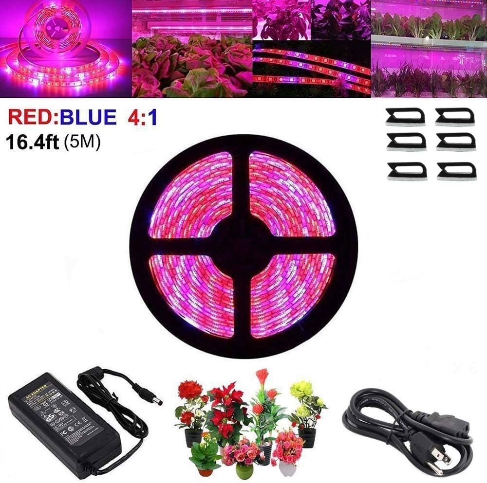 LED Plant Grow Strip Light with Power Adapter,Full Spectrum SMD 5050 Red Blue 4:1 Rope Light for Aquarium Greenhouse Hydroponic Pant Garden Flowers Veg Grow Light (5M)