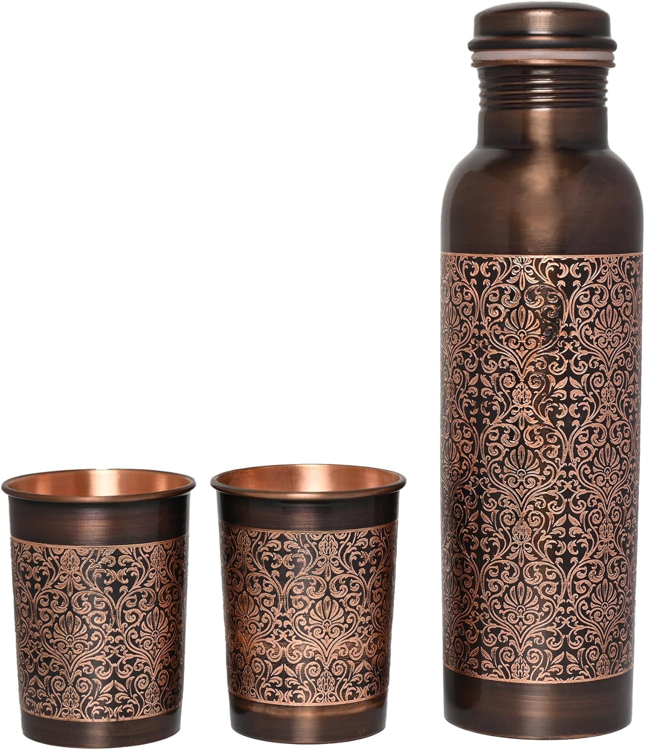 ANCIENTIMPEX Copper Water Bottle with 2 Tumblers | Pure Copper Floral Pattern Bottle & 2 Glasses | Ayurveda Health Benefits | Eco-Friendly Drink ware Gift Set