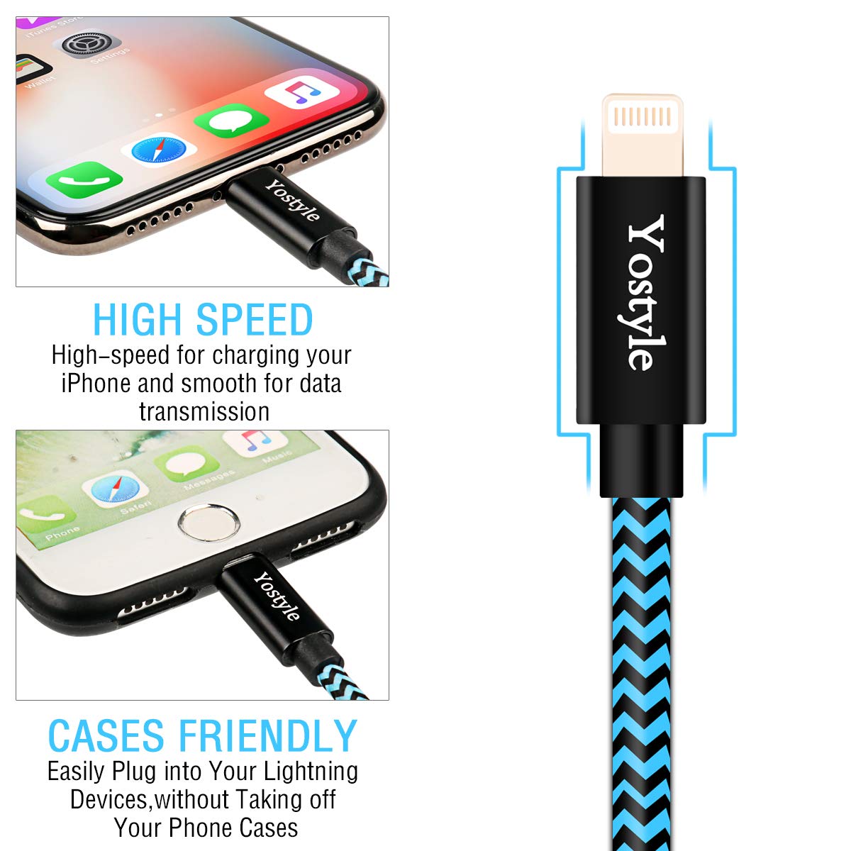 Yostyle Phone Charger Cable,4Pack(3/6/6/10FT) Extra Long Nylon Braided USB Charging & Sync Cord Compatible with Phone Charger X XS Max XR/8/8 Plus/7 Plus 6s/6s Plus/6/6 Plus/5s/5/SE, Pad