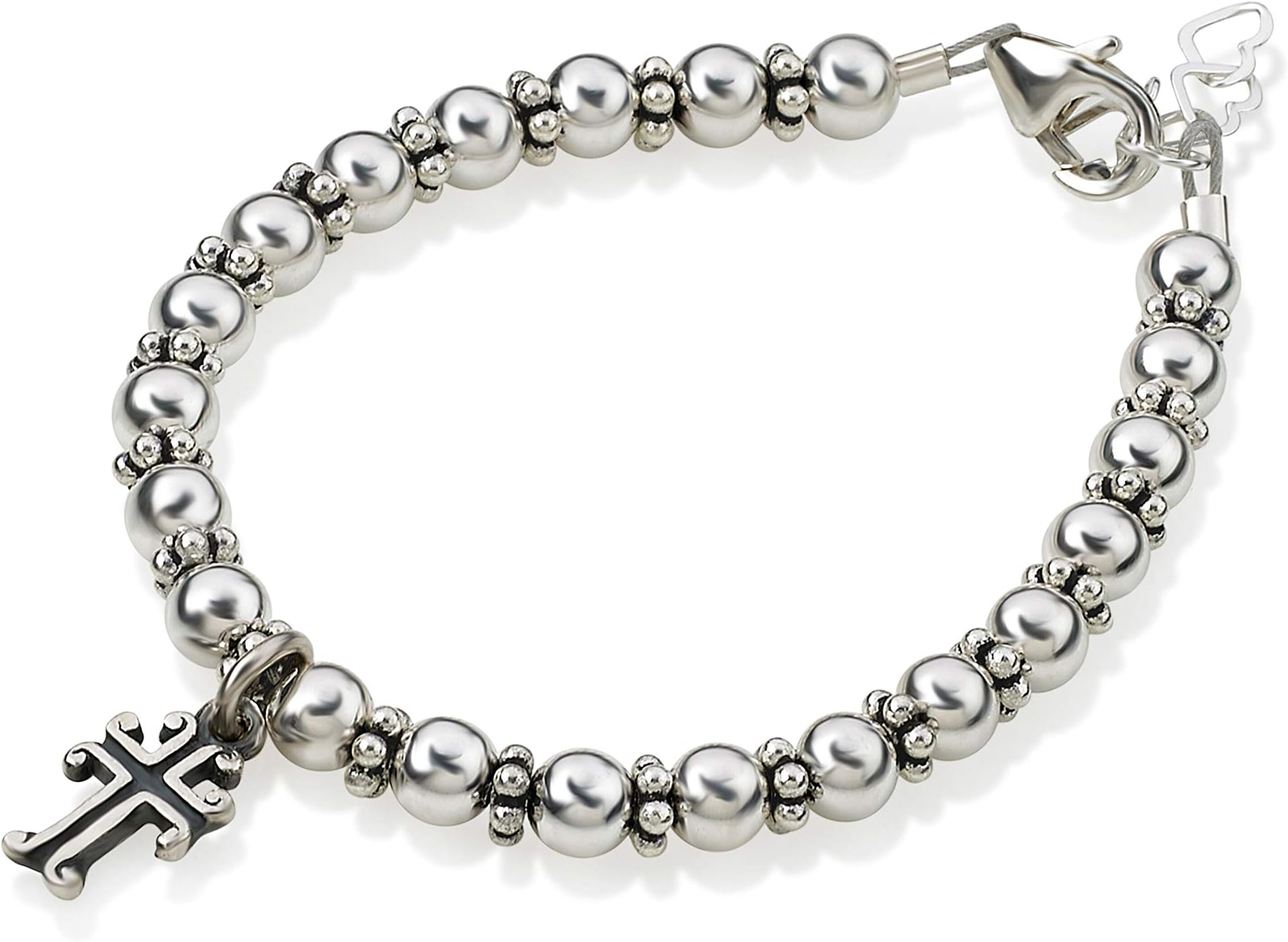 Christening Sterling Silver Beads and Spacers with Sterling Silver Cross Charm Luxury Stylish Unisex Baby Bracelet (BASC_S)