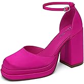 CELLENZ Women Chunky High Heels: Closed Toe Ankle Strap Platform Heel - Pink Dress Cute Dance Shoes - Pumps Sexy Prom Party Size 10
