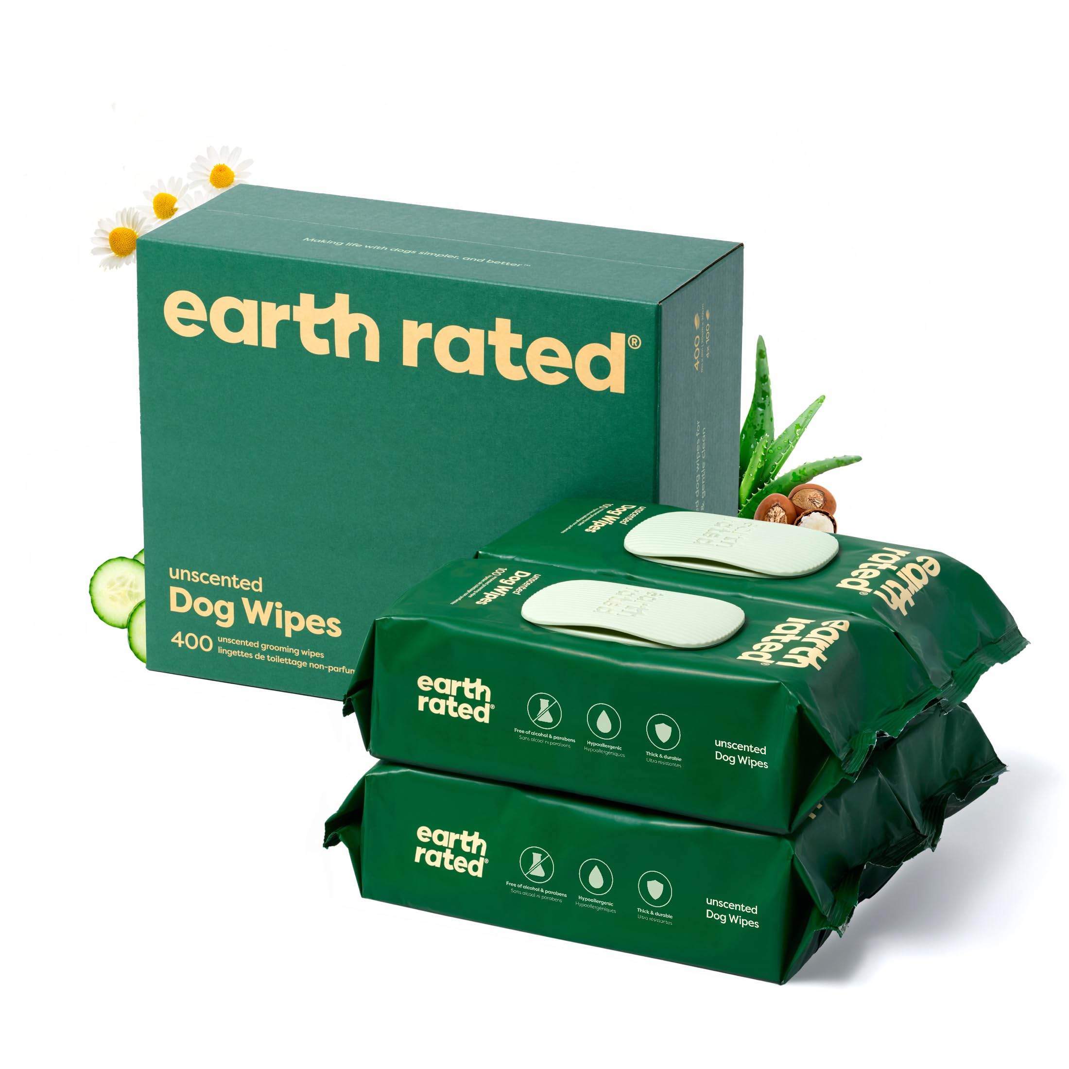 Photo 1 of Earth Rated Pet Wipes for Dogs and Cats, Hypoallergenic, Cleaning and Hydrating, for Grooming Paws, Body and Butt, Unscented, 400 Count