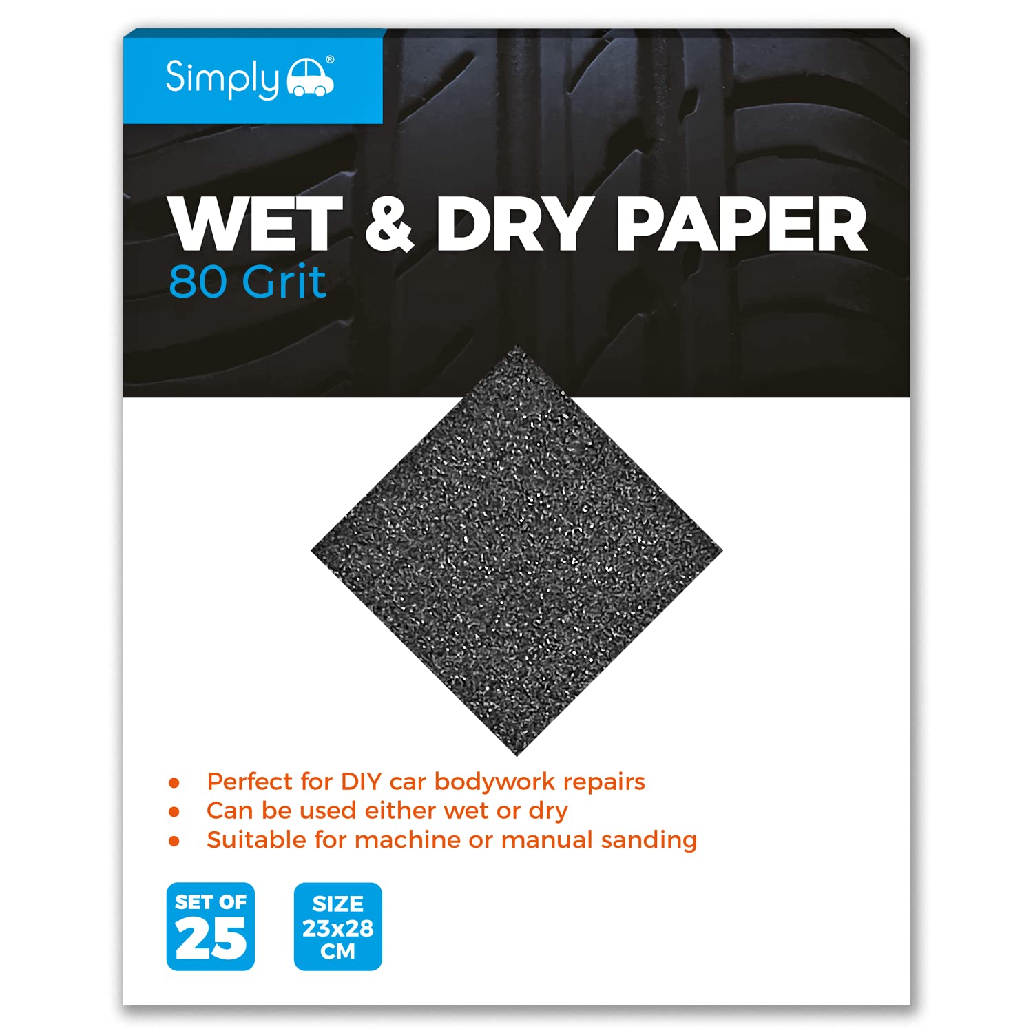 Simply WD0080 Wet & Dry Polishing Paper 80 Grit, Pack of 25, 230mm x 280mm, Perfect for DIY Car Bodywork Repairs, Machine, Manual Sanding, Furniture and Home Improvement