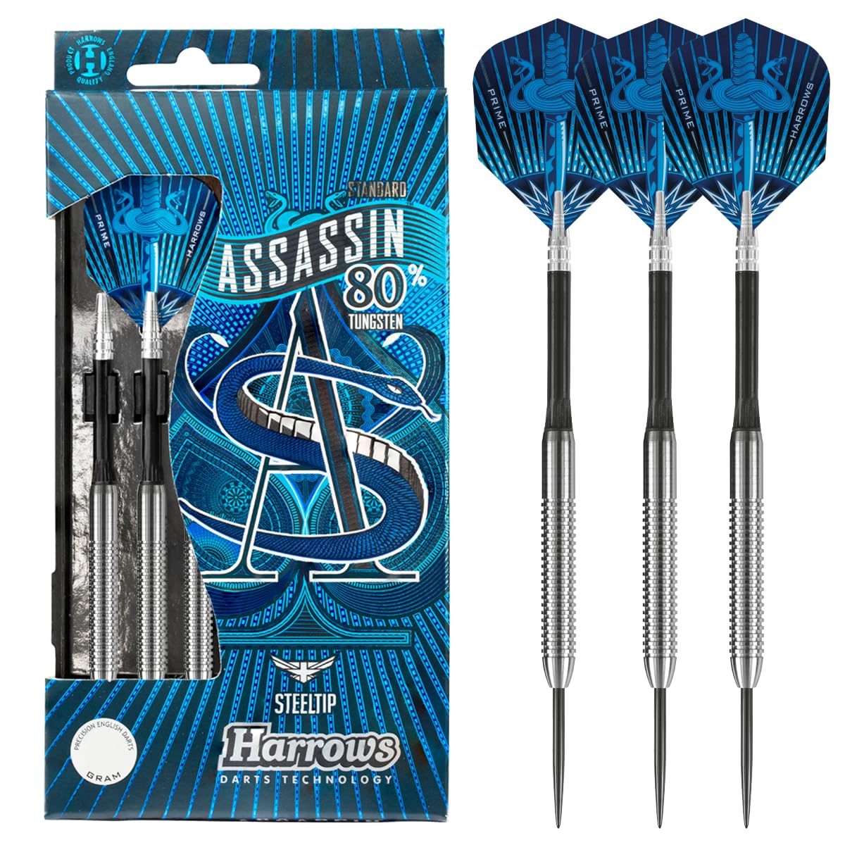Harrows Assassin Tungsten Pro Darts | Steel Tip Darts set with carry case | All Weights| Includes Nylon Shafts, 100 Micron Prime Flights and Travel Case (21g)