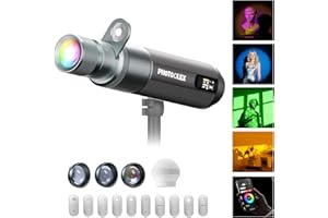 PHOTOOLEX PRO 12W RGB Photography Flashlight, 360 ° Full Color LED Portable Spotlight, Conical Optical Snoot Kit with 10 Metal Gobos/9000mAh/3 Lens/CRI 96+/12 Effects, LCD Display, APP Control