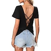 LilyCoco Womens Backless Top Open Back Twist Criss Cross Short Sleeve V Neck T Shirt