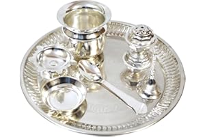 INDACORIFY Pooja Thali with Diya Pack of 7 Pcs Plated for Home and Office Temple Pooja Thali Special Puja Thali Set Diwali puja Navratri Pooja Thali Return Gift (Silver Color)