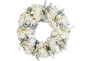 Hometrance Cream Hydrangea Wreath for Front Door Outside, Front Door Wedding Decorations with Hydrangea, Lamb’s Ear Leaves & Berries for All Seasons, 18-20 Inch Spring Summer Farmhouse Wreath