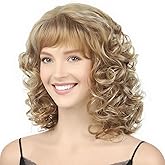 TISHINING Short Blonde Curly Wig with Bangs for White Women Shoulder Length Mixed Blonde Shaggy Curly Synthetic Full Wig Natural Looking Daily Party Halloween Costume Wig