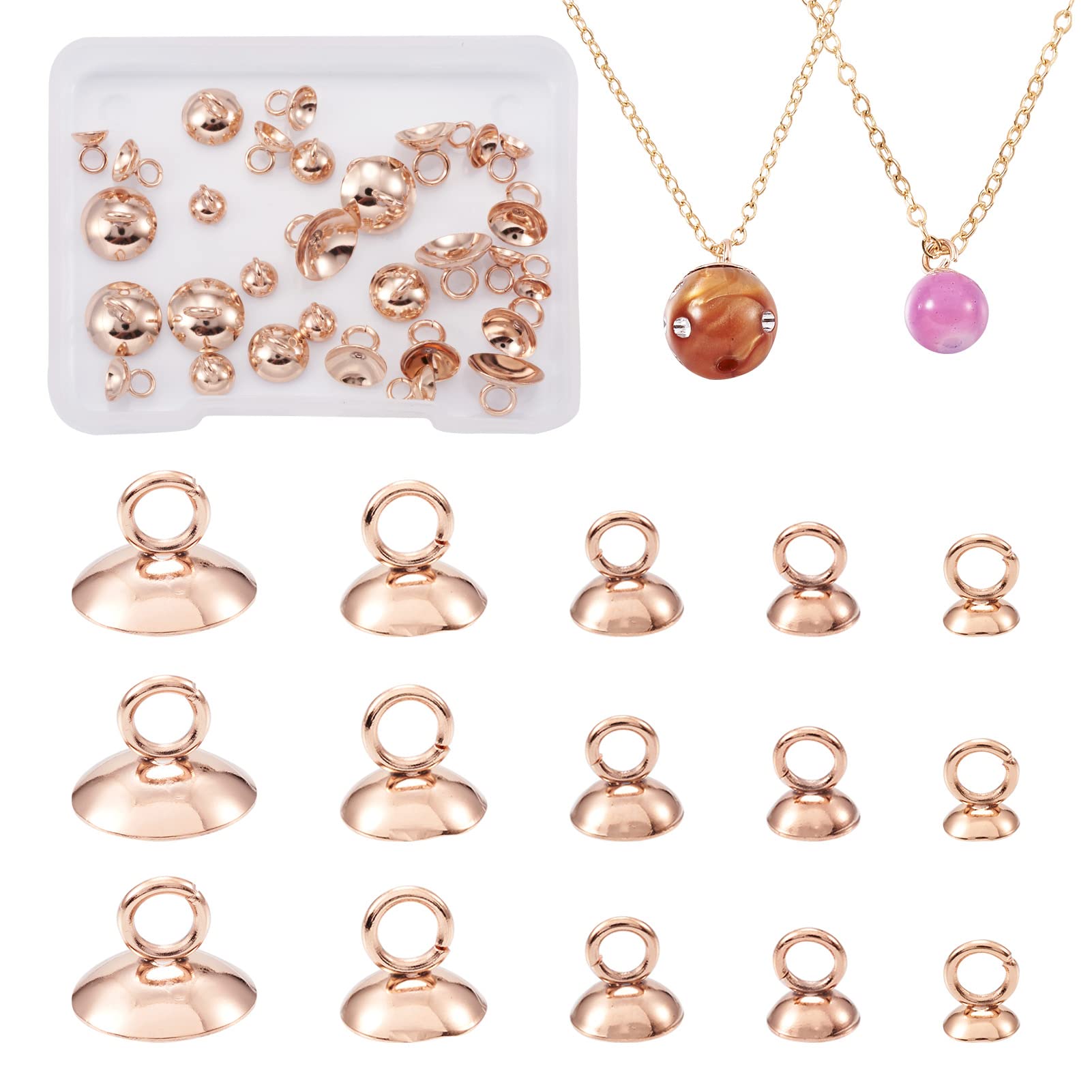 Craftdady 50Pcs Stainless Steel Bead Cap Globe Glass Bubble Cover Bails with Loop Half Round Cap for Undrill Bead Pearls for Jewellery Making, Rose Gold