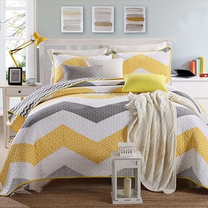 Miaote Retro 3 Piece Quilt Set Yellow Grey White Handmade