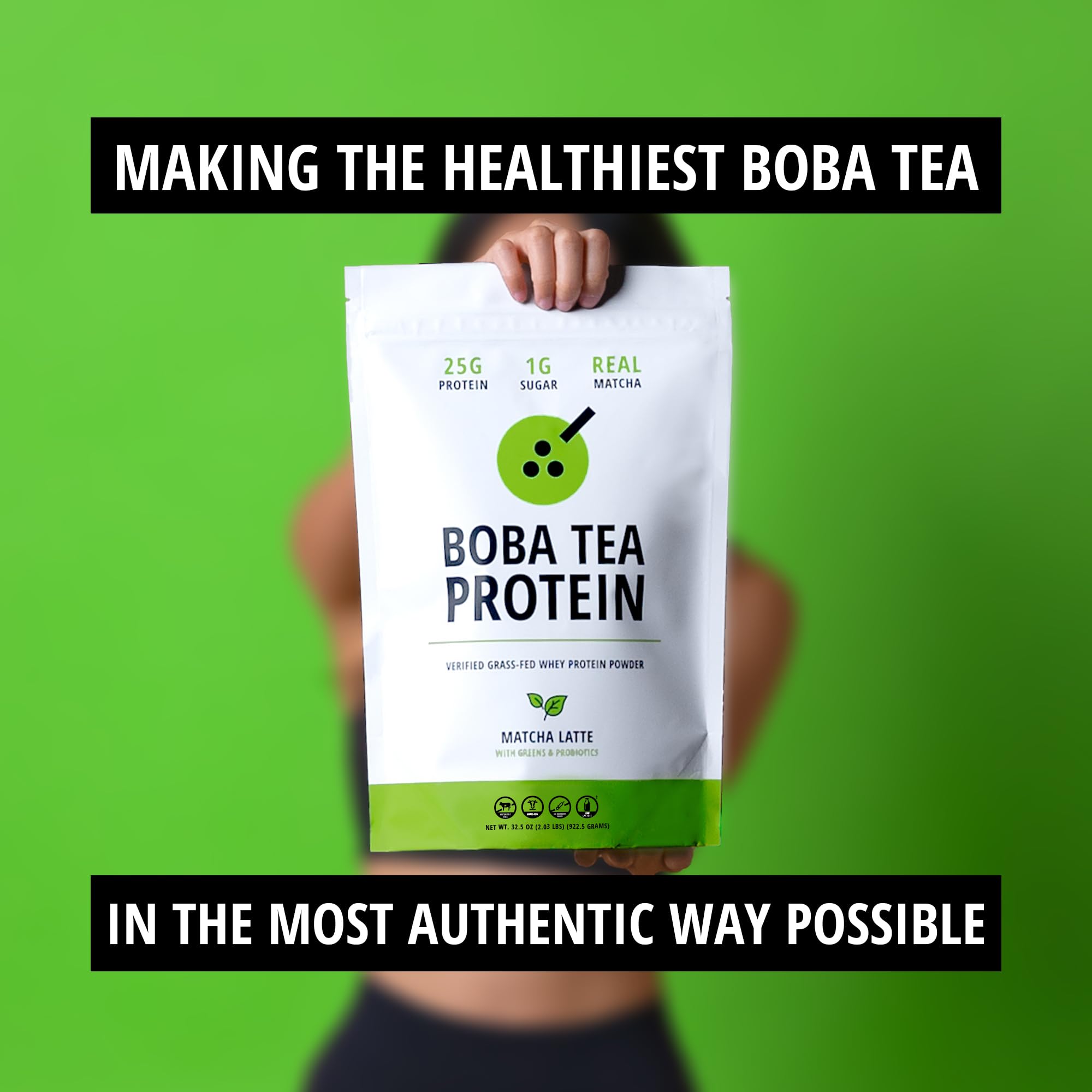 Boba Tea Protein Matcha Latte | 25g Grass-Fed Whey Protein Isolate Powder | Gluten-Free & Soy-Free Bubble Tea Protein Drink | Real Ingredients & Lactose-Free Protein Drink | 25 Servings
