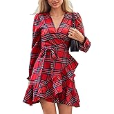 CUPSHE Women Red Plaid Fall Dress V Neck Ruffle Cuff Long Sleeve Side Tie Wrap Casual Mini Autumn Dresses