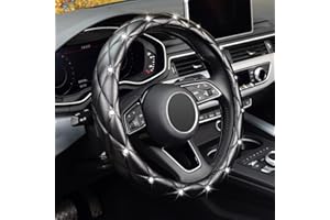KAFEEK Diamond Soft Leather Steering Wheel Cover with Bling Bling Crystal Rhinestones, Universal 15 inch Anti-Slip, Car Interior Accessories for Women Girls, Black