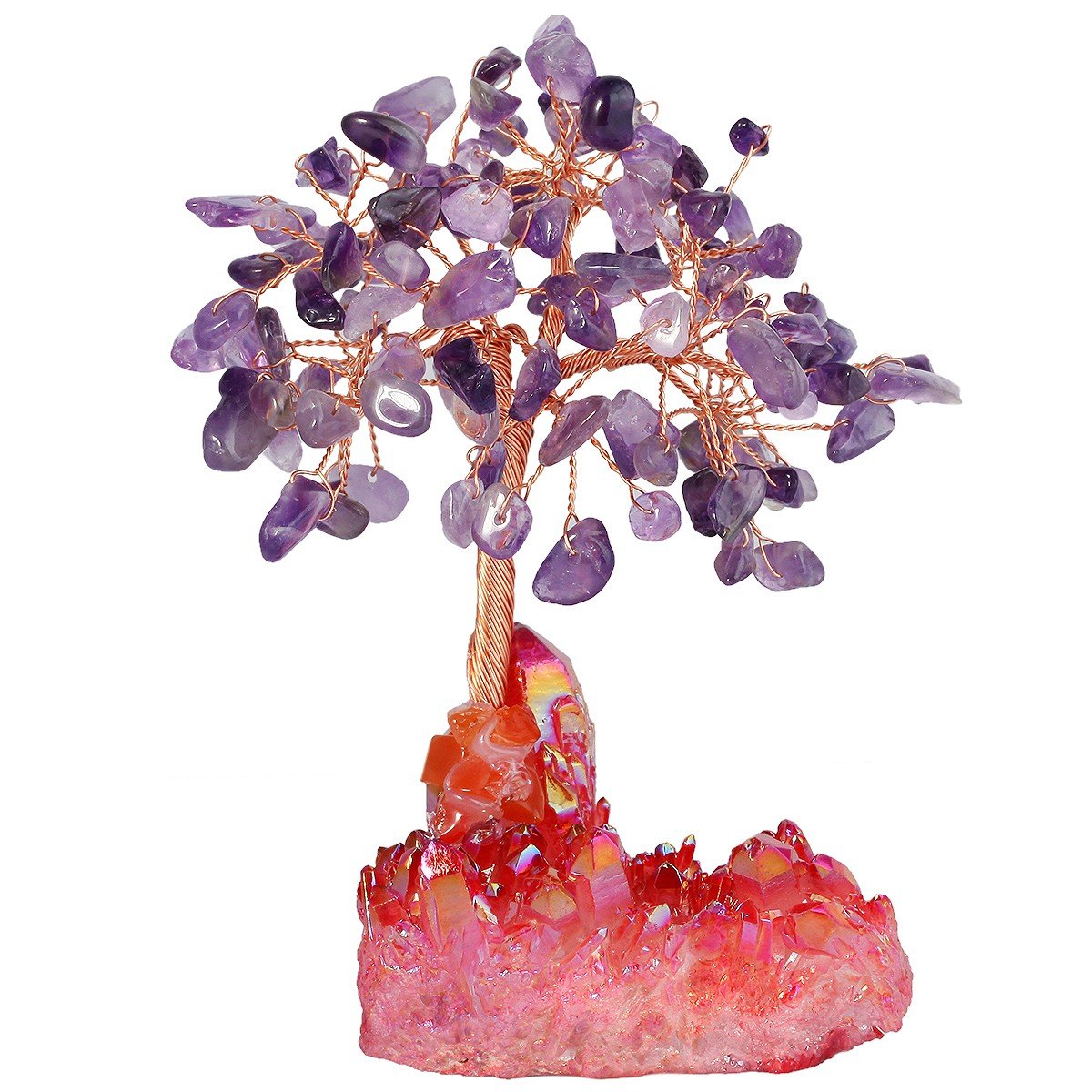 mookaitedecor Amethyst Crystal Money Tree with Red Titanium Quartz Crystal Base, Gemstone Feng Shui Ornaments Small Bonsai Tree Amethyst Tree of Life Red Ornament Good Luck Healing Crystal Gift