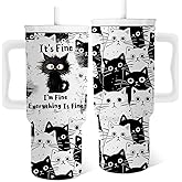 Cat Lover Gifts, Black Cats Tumbler 24 Oz with Handle Everything Is Fine I'm Fine, Cute Cats Themed Stuff Coffee Mugs, Funny Birthday Gifts for Cat Lovers Women Girls Mom