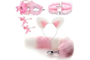 Fox Tail Butt Plug for Couples Cosplay - 5-Piece Sex Toy Set with Anal Plug, Cat Ears, Nipple Clamps, Mask, and Lace Collar f