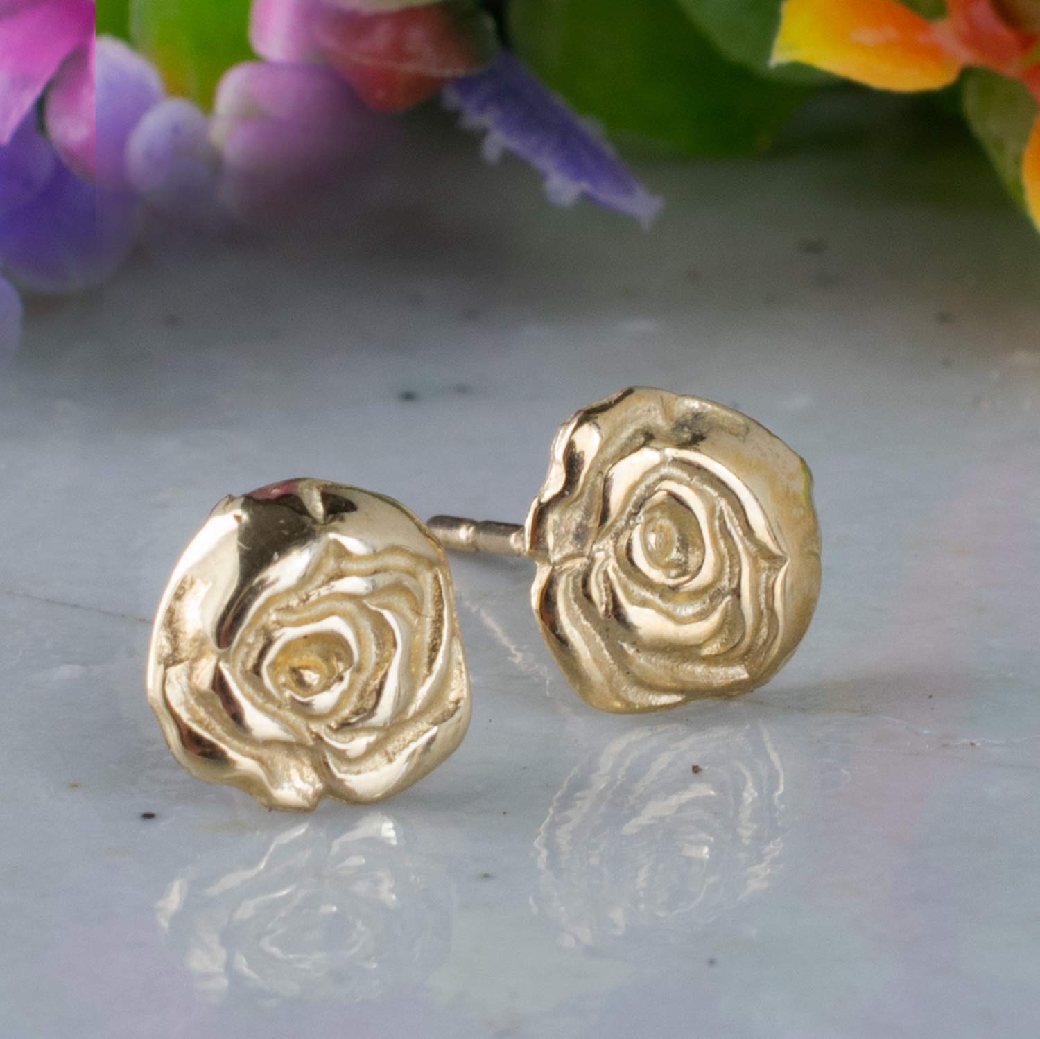14K Solid Yellow Gold Rose Stud Earrings, Tiny Gold Roses