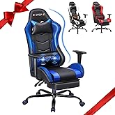 ECOTOUGE PC Massage Gaming Chair with Footrest Ergonomic Office Desk Chair Racing PU Leather Recliner Swivel Rocker with Headrest and Lumbar Pillow, Blue