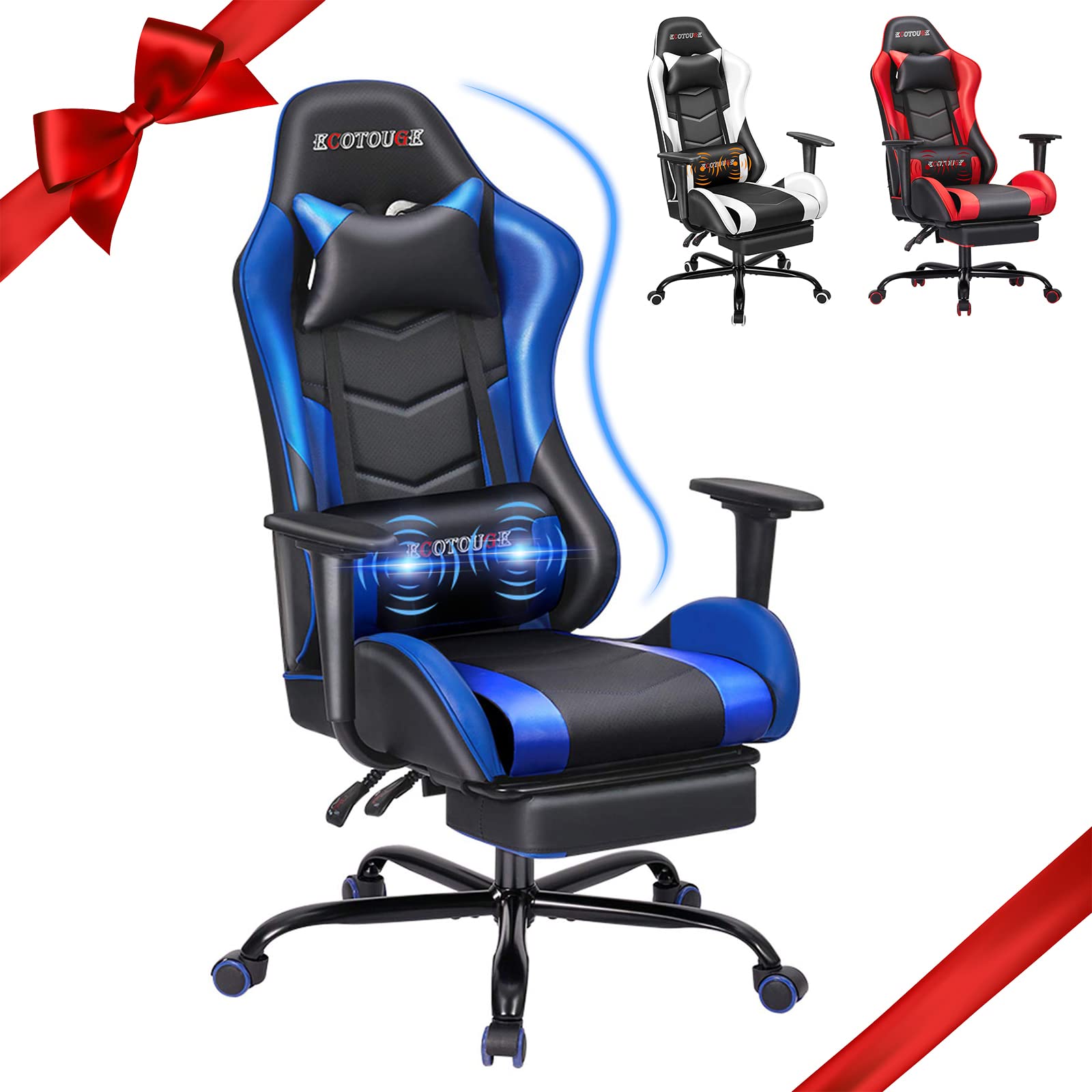 ECOTOUGE Silla para Juegos de Masaje para PC con reposapiés Silla ergonómica de Escritorio de Oficina Sillón reclinable de Cuero PU con reposacabezas y Almohada Lumbar, Azul