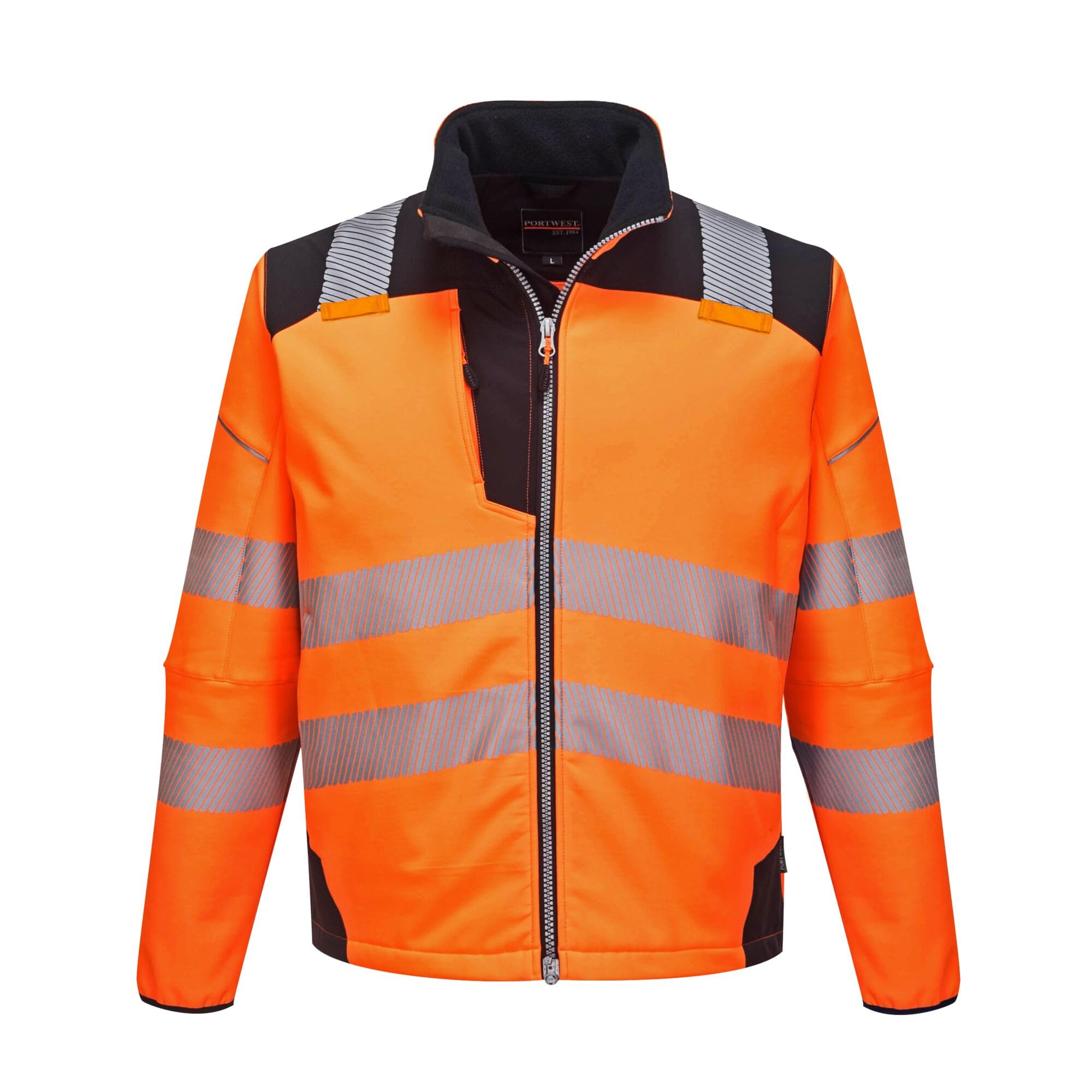 Portwest T402 Men's PW3 Hi Vis Waterproof Jacket - Windproof High Visibility Reflective Softshell Safety Jacket Orange/Black, Medium