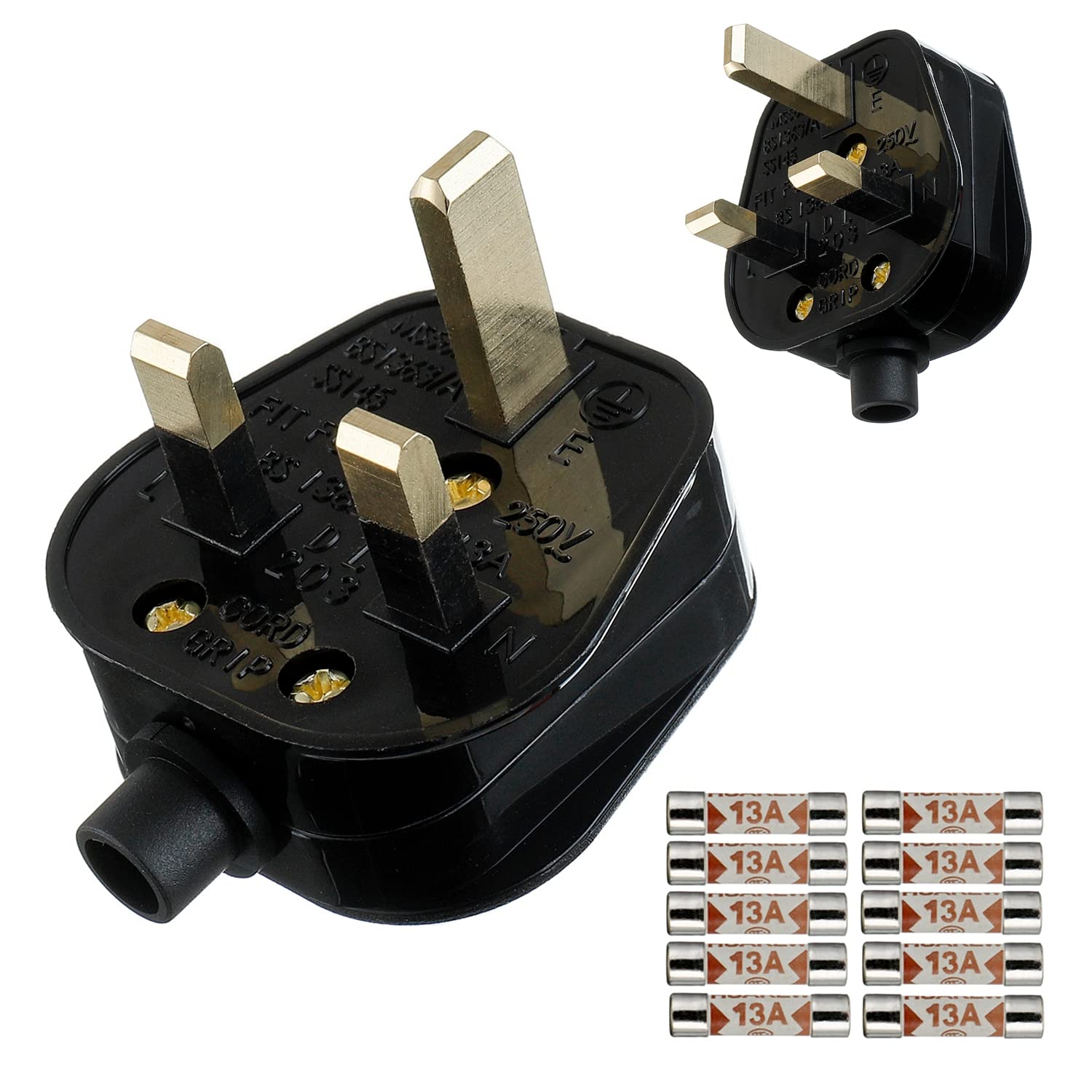 HUAREW 13A Fused Mains Plug With Cord Grip For UK Fuses Black ( Pack of 2 pcs ）